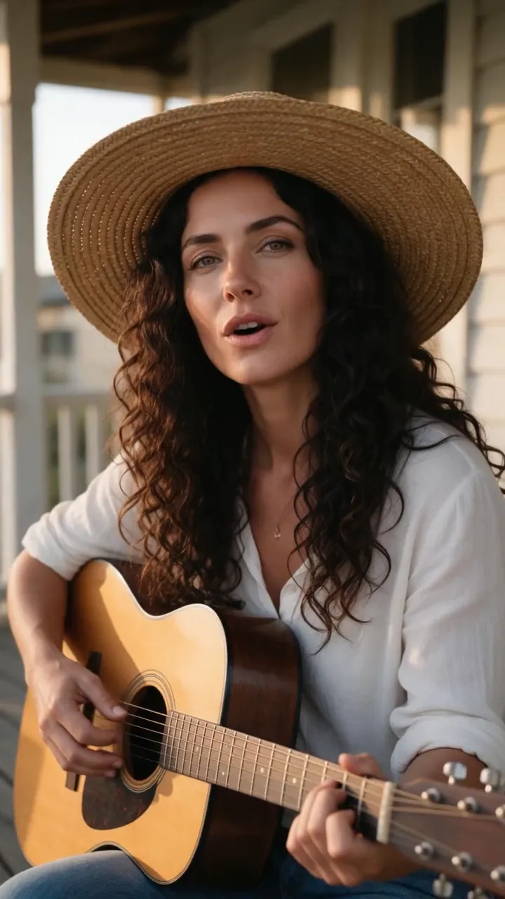 Singing photo: the woman in a straw hat sings an original acoustic song