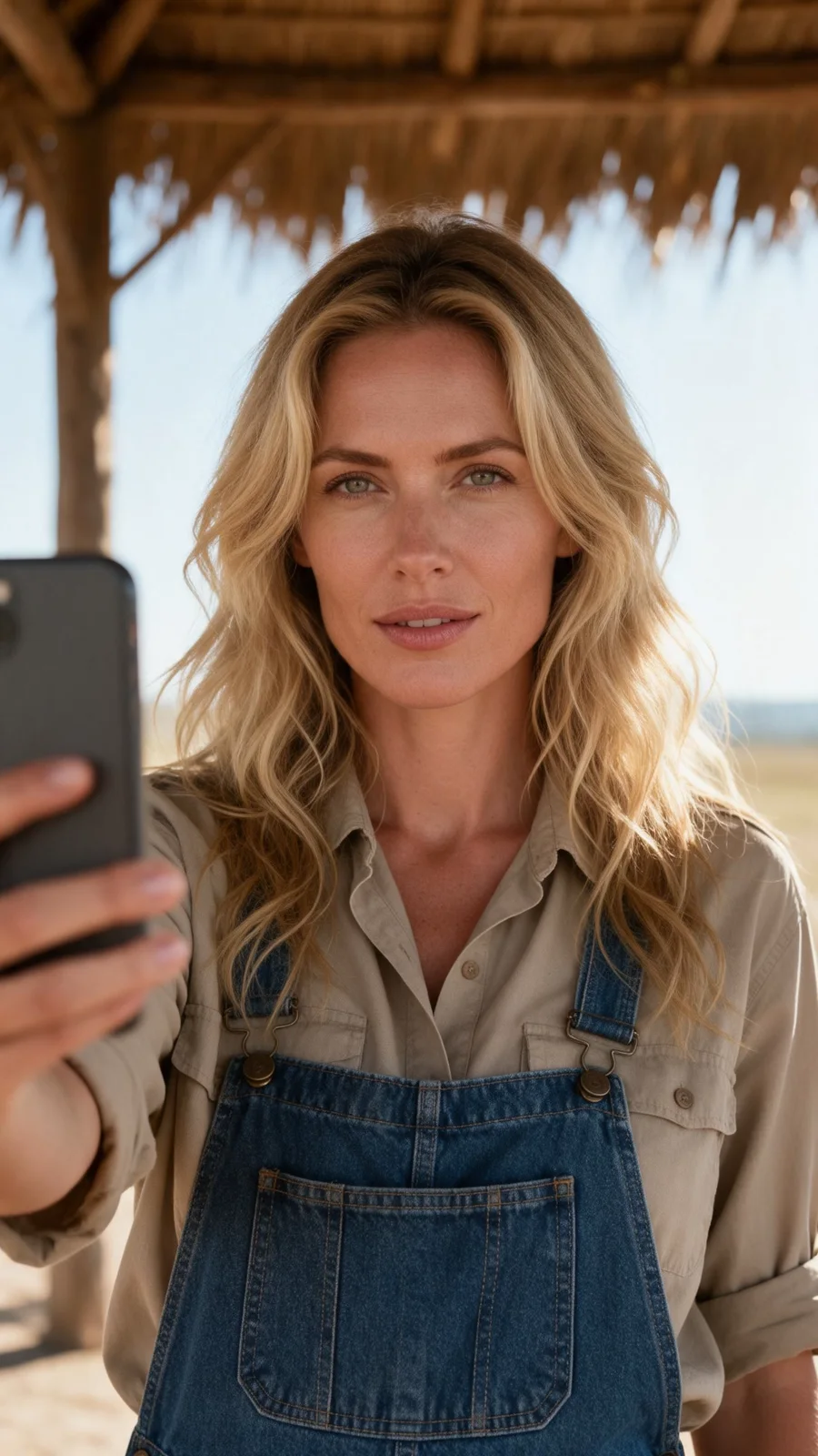 Source selfie: a woman in denim overalls under a thatched roof