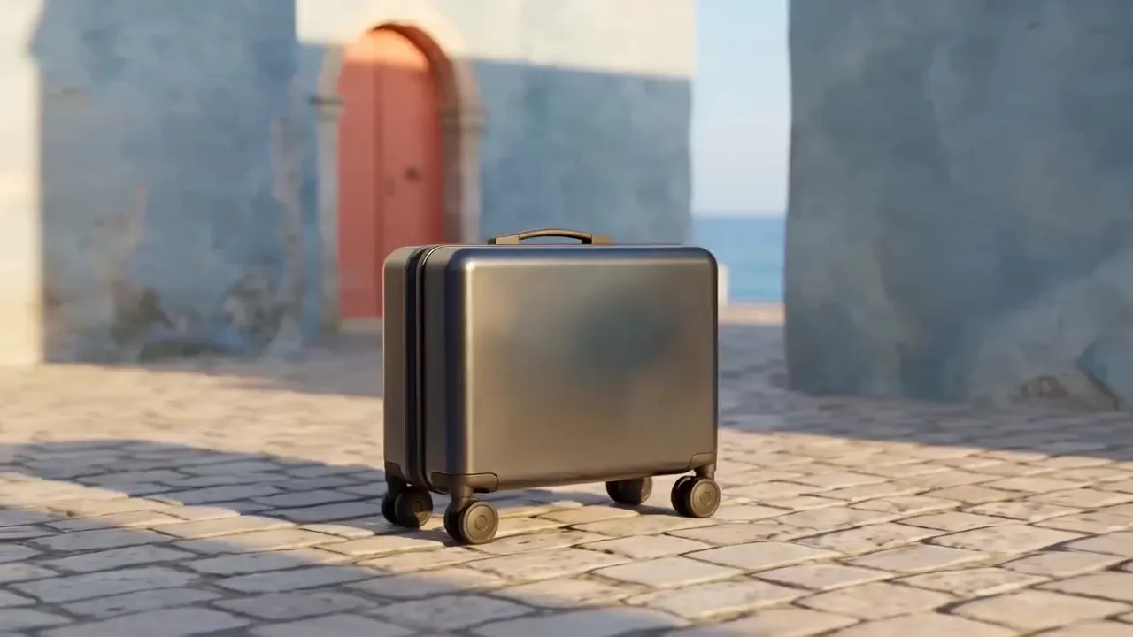 Text-to-video shot: a silver suitcase on sunlit cobblestones by the sea