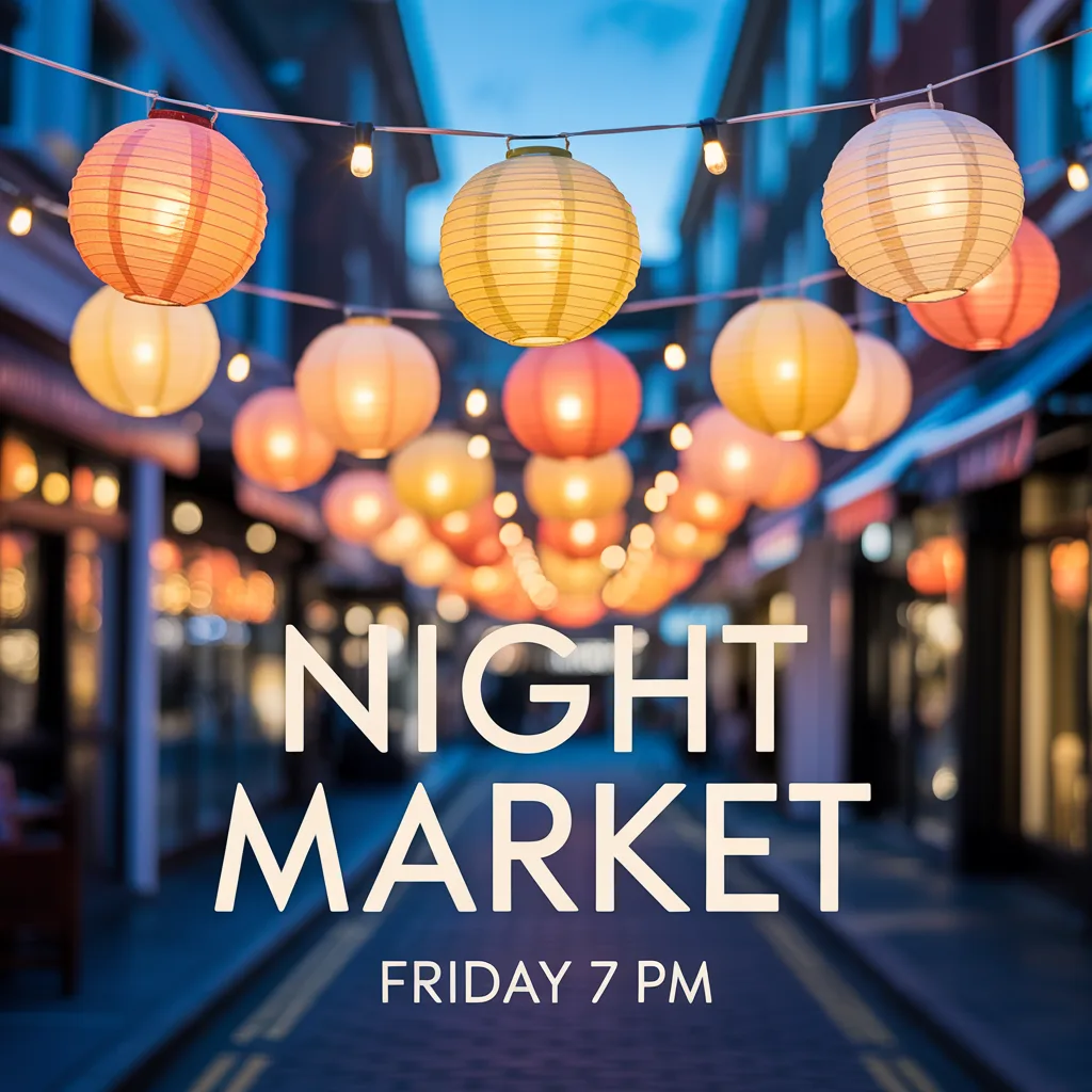 Ideogram 3 海报：纸灯笼串下的大标题 NIGHT MARKET 和小字 FRIDAY 7 PM