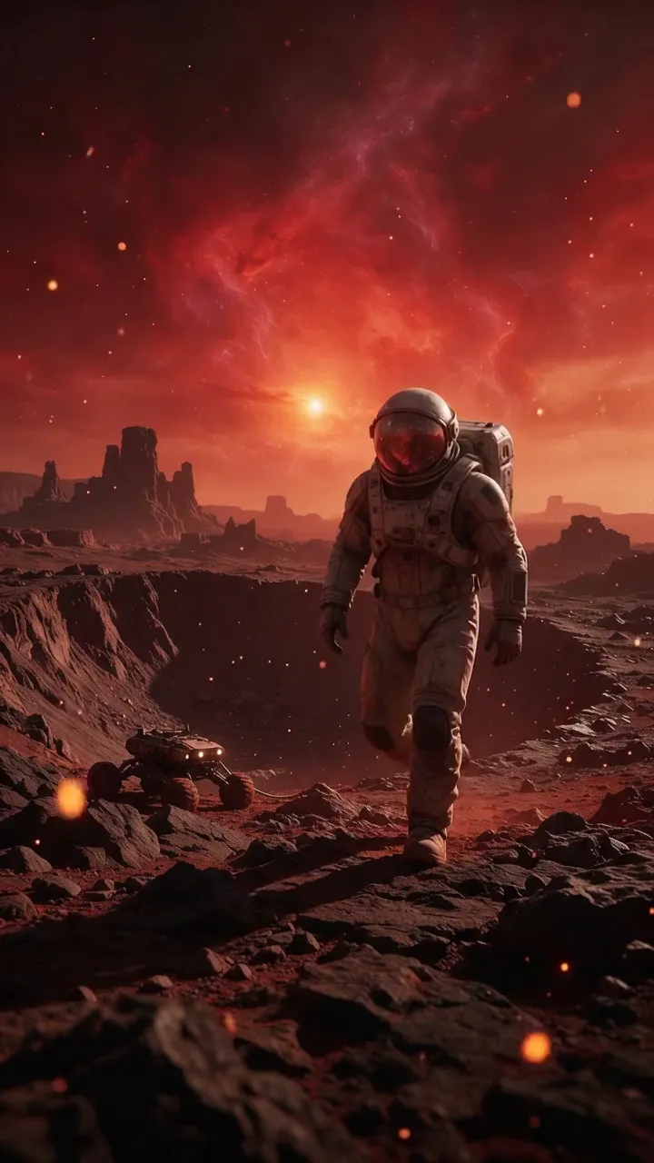 Image to video: an astronaut walks across a red planet under a nebula