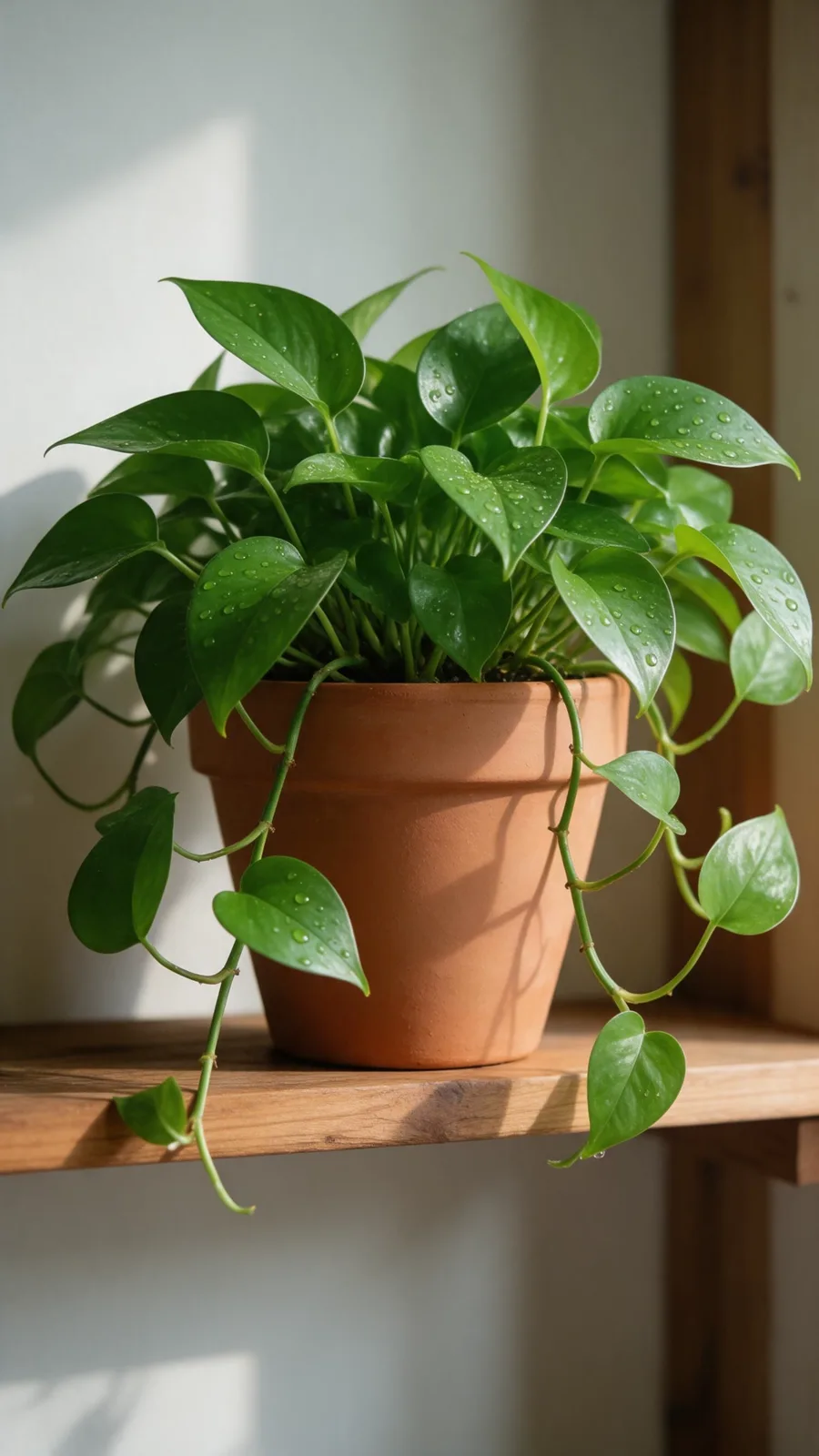 Source still: a pothos plant in a terracotta pot on a sunny shelf