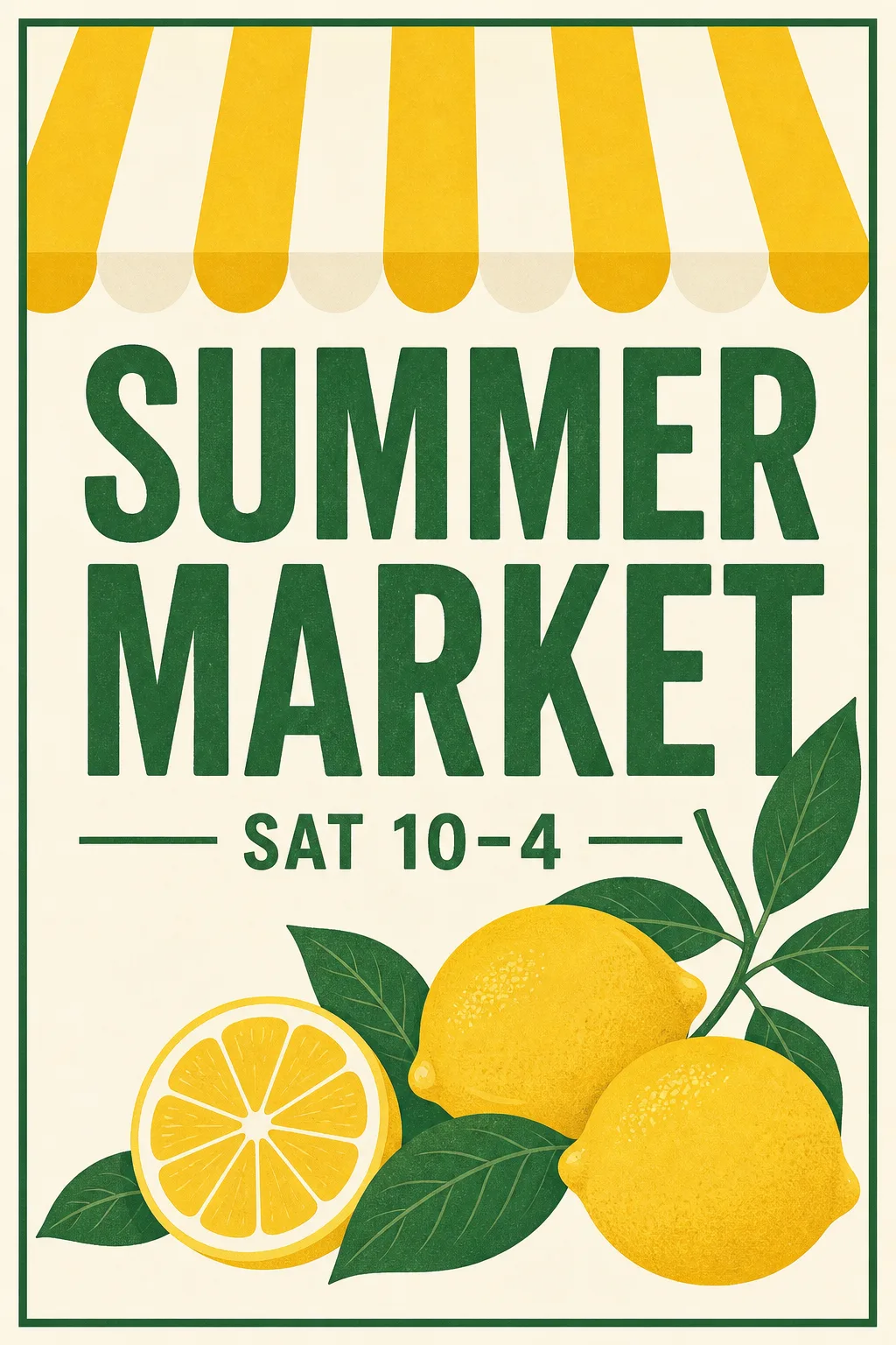 GPT Image 2 海报：清晰可读的标题 SUMMER MARKET，配以柠檬和条纹遮阳篷
