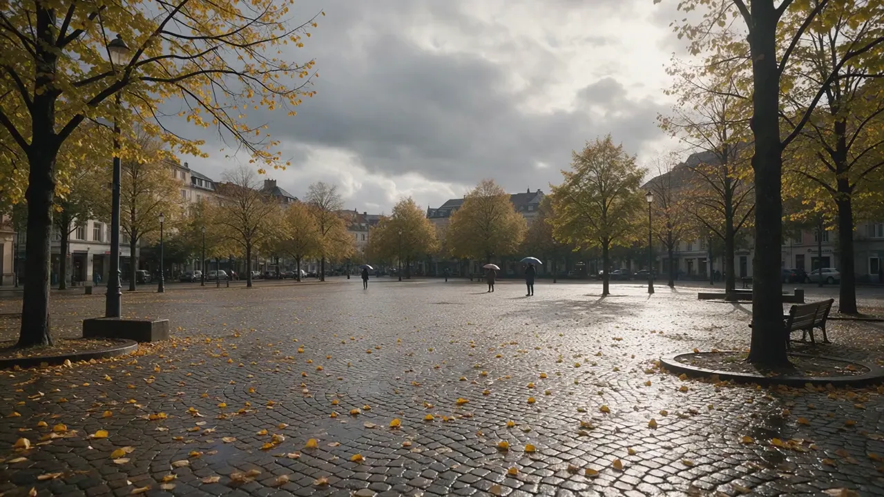B-roll: wind blows fallen leaves across a wet city square on a grey autumn day