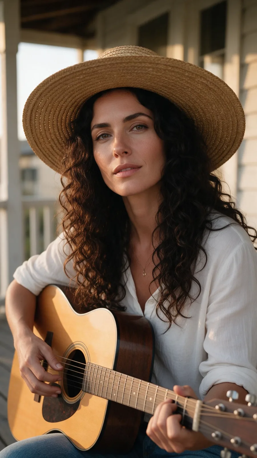 Source portrait: a woman in a straw hat with an acoustic guitar on a porch at golden hour