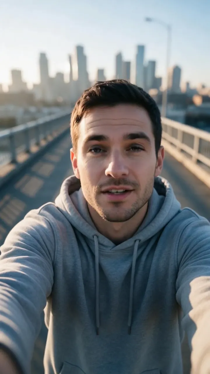 A selfie turned into a talking video: a man in a grey hoodie on a bridge at sunrise recommends the walk