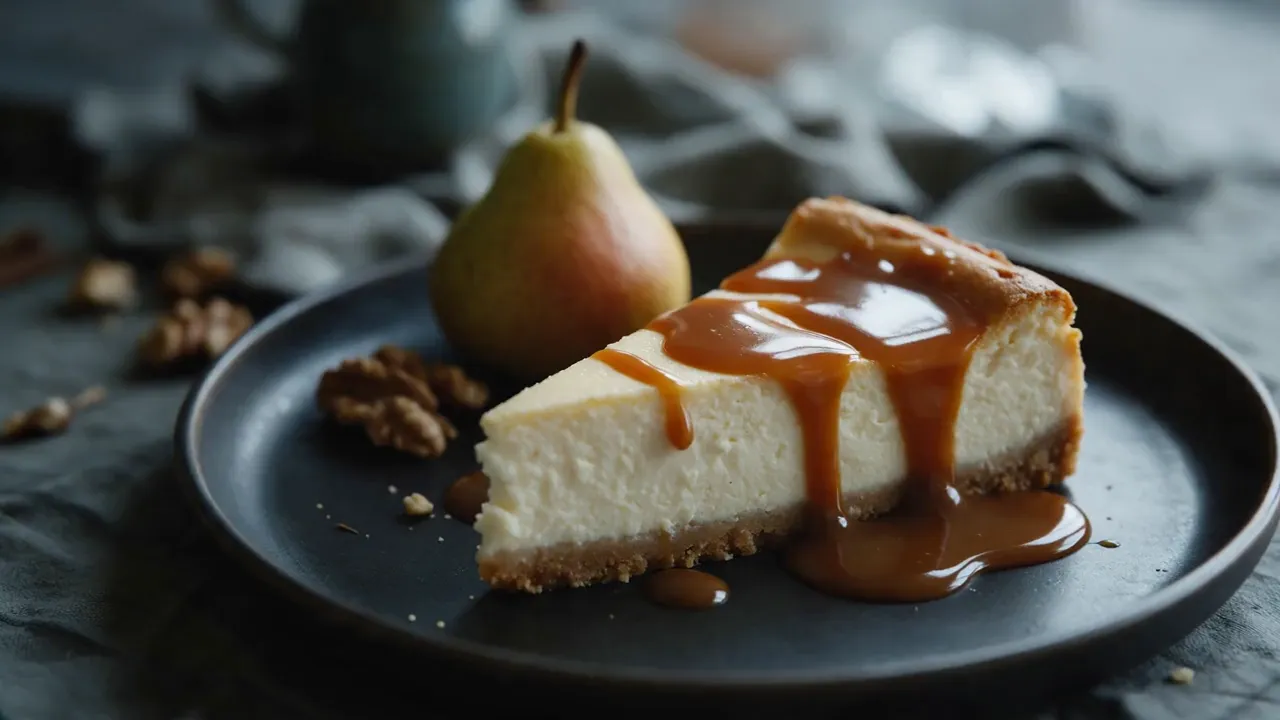 Image to video: caramel drips over the edge of a cheesecake slice