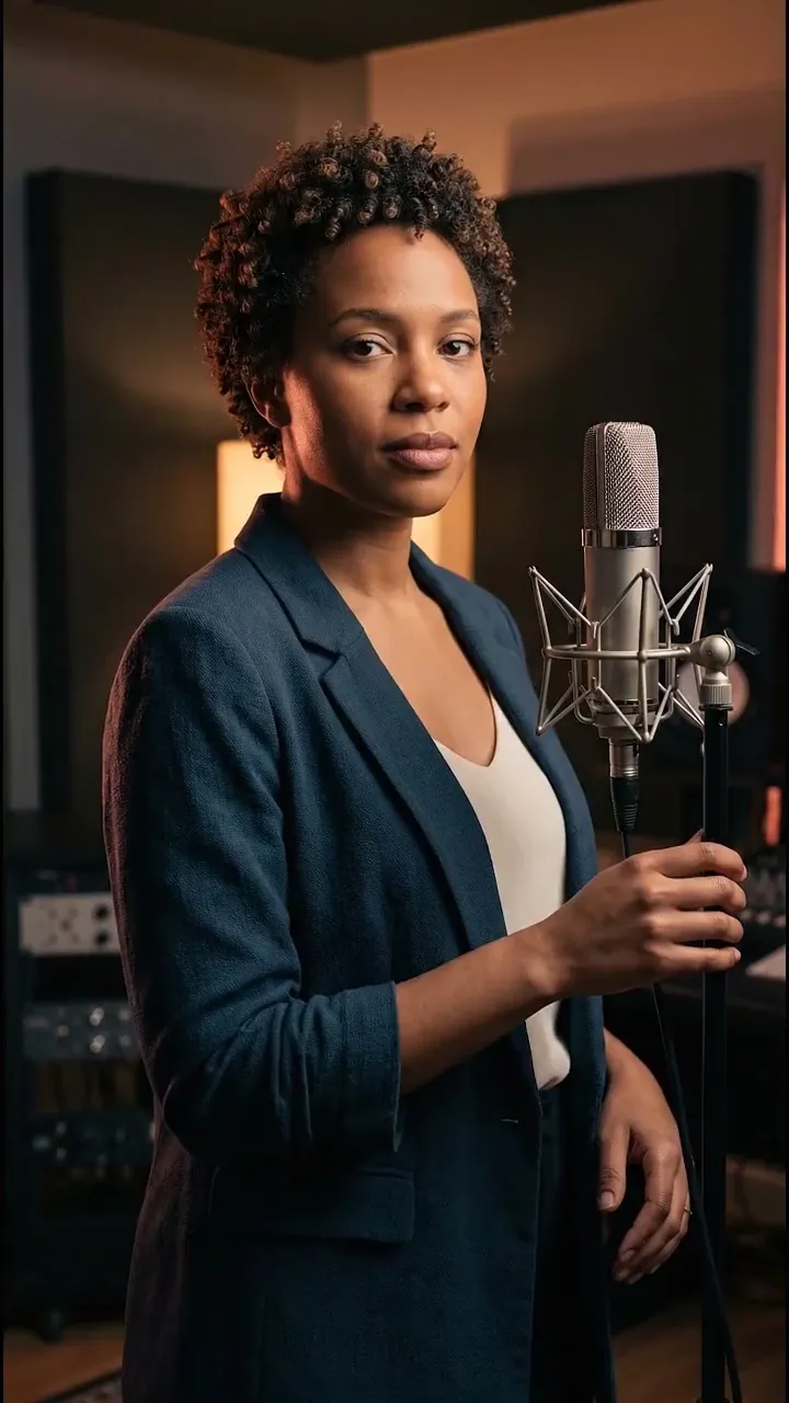 Singing photo: a woman performs at a studio microphone
