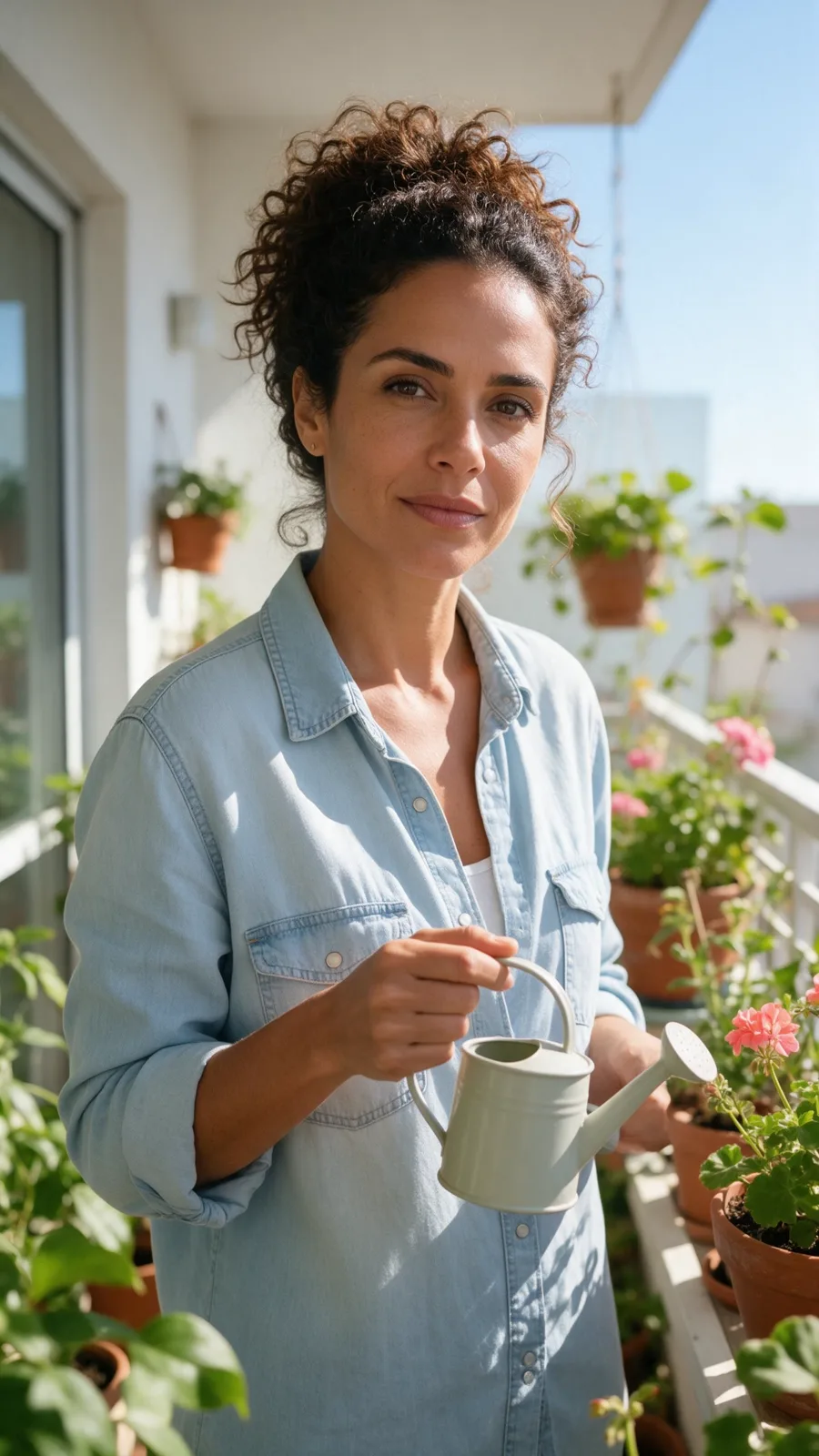 元の肖像:植物でいっぱいのバルコニーでじょうろを持つ、デニムシャツの巻き髪の女性
