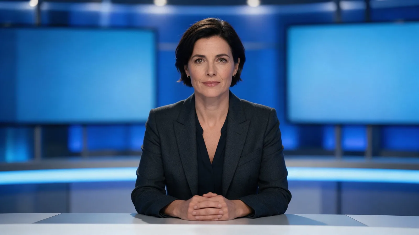 Source portrait: a presenter in a charcoal blazer at a modern news desk