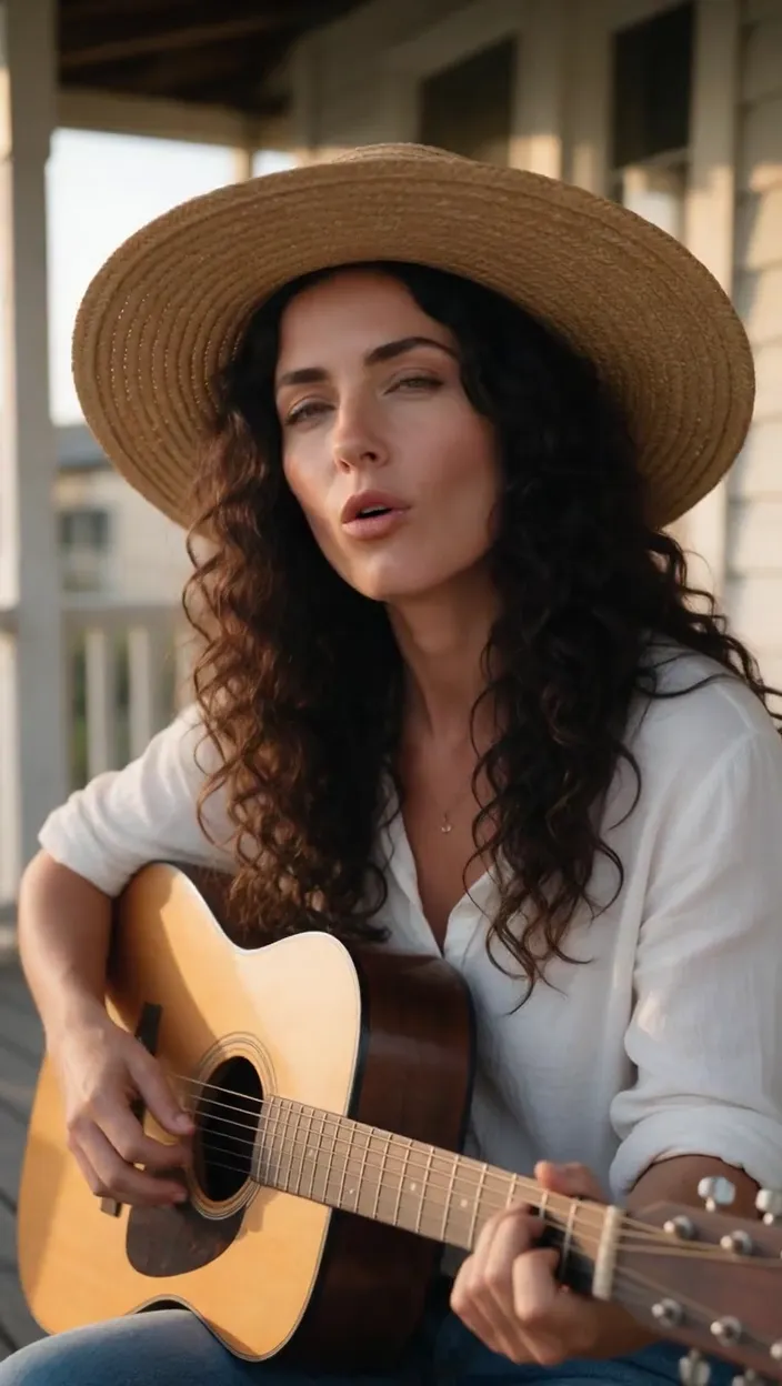 OmniHuman 1.5 performance: a woman in a straw hat sings and strums an acoustic guitar on a sunlit porch