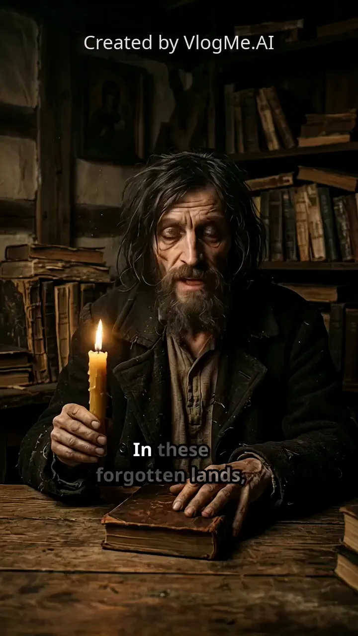 Multi-scene story made in Director: an old man holds a candle in a dark library while the narrator speaks
