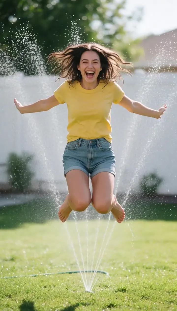 Grok Imagine image to video: a woman leaps through a sprinkler on a sunny lawn and laughs
