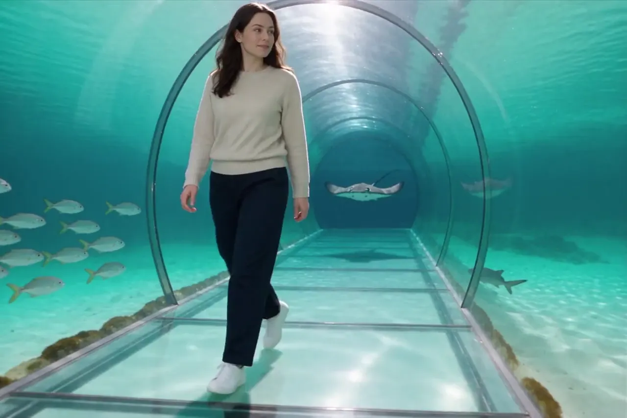 Aisma result: the same walk inside a glass tunnel under the sea with fish around