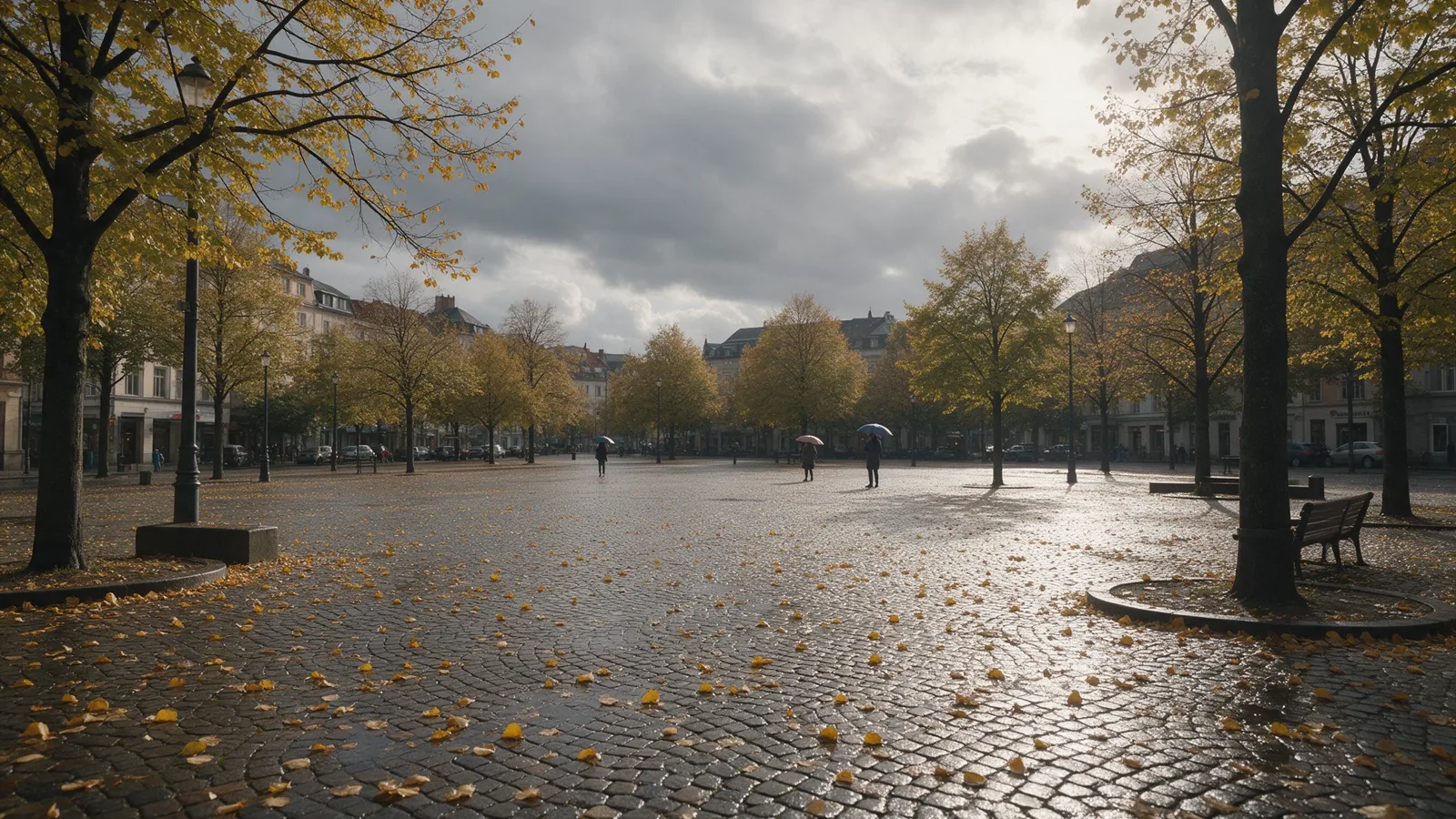 Source still: a wet city square with fallen yellow leaves under grey clouds
