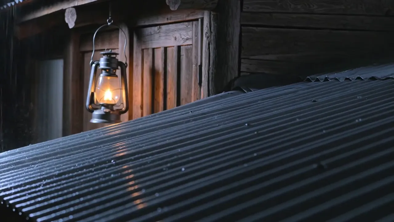 Kling 3.0 Pro text to video with sound: rain on a mountain hut’s tin roof at night and a swinging lantern