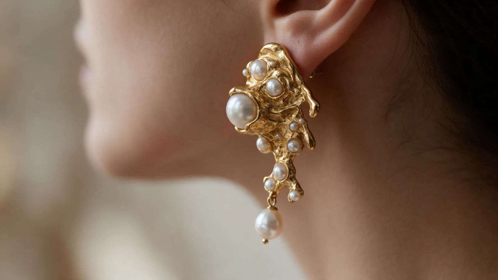 Source still: a sculptural pearl earring close-up