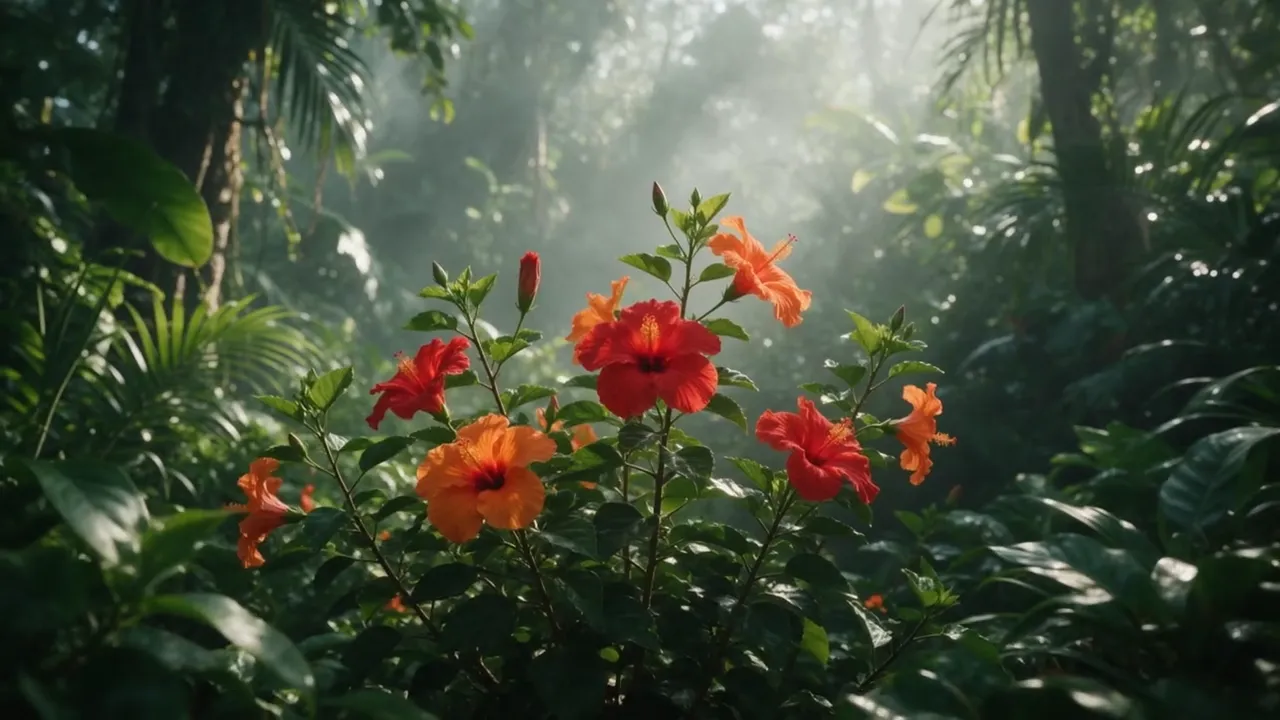 Image to video: sun rays sweep through a misty jungle of hibiscus