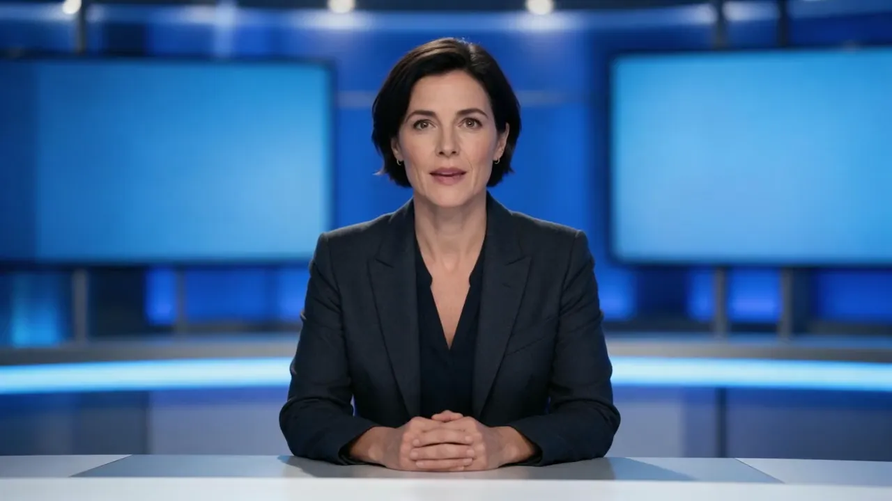 Example news briefing: a presenter in a charcoal blazer at a news desk reads three short local updates