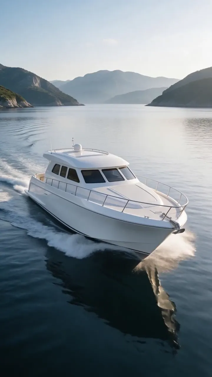 Image to video: a motor yacht banks into a turn across a mountain bay