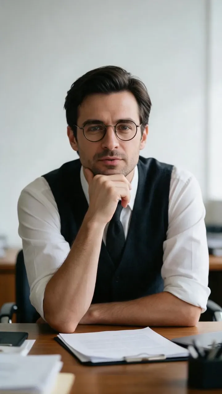 Lip-synced talking portrait: a man in glasses and a vest delivers a quick line