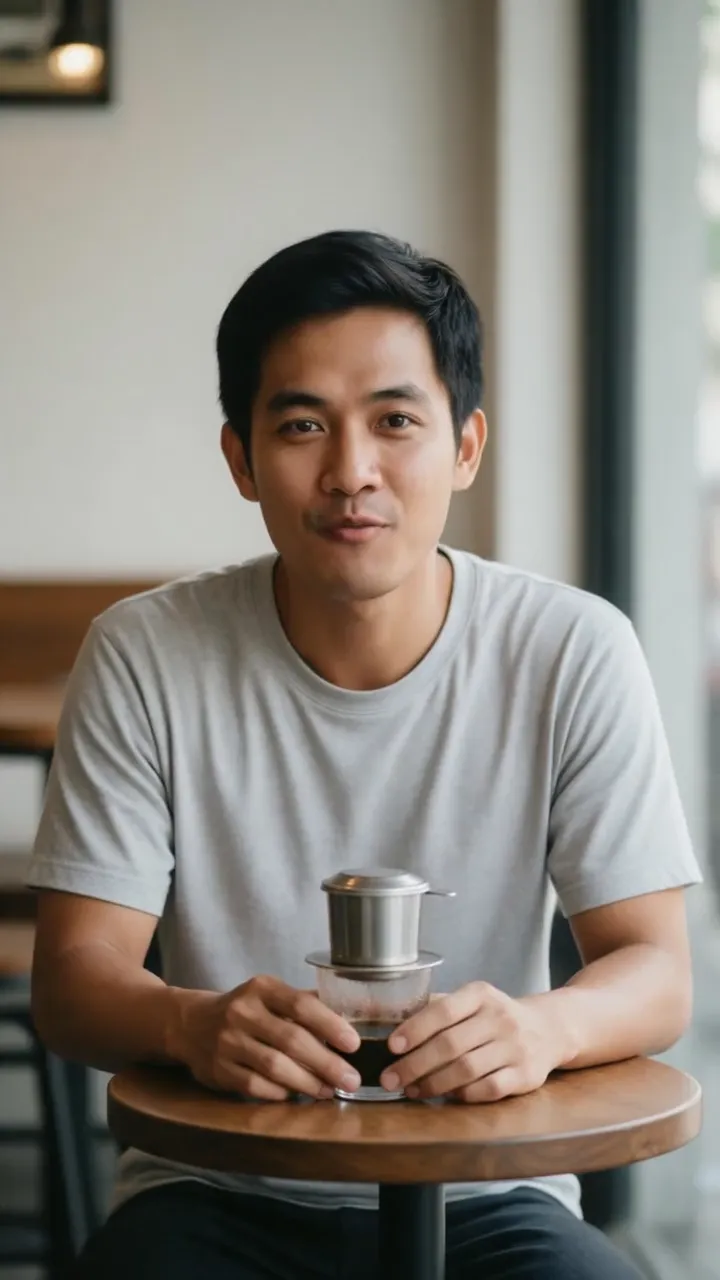 金属製のドリップフィルターを置いたカフェのテーブルで、グレーのTシャツの若い男性がフィン・コーヒーのいれ方をベトナム語で説明
