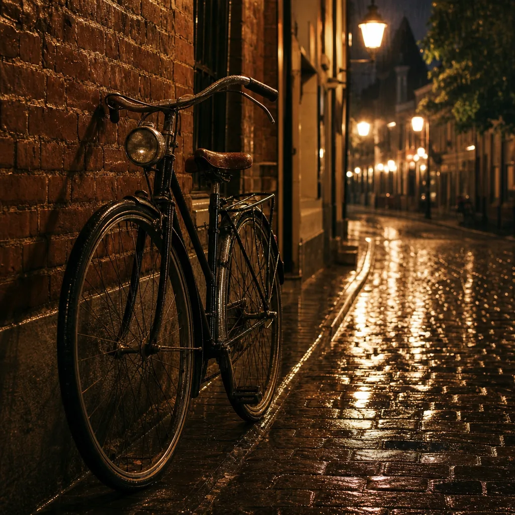 GPT Image 2 图像：雨夜街头倚靠砖墙的复古自行车
