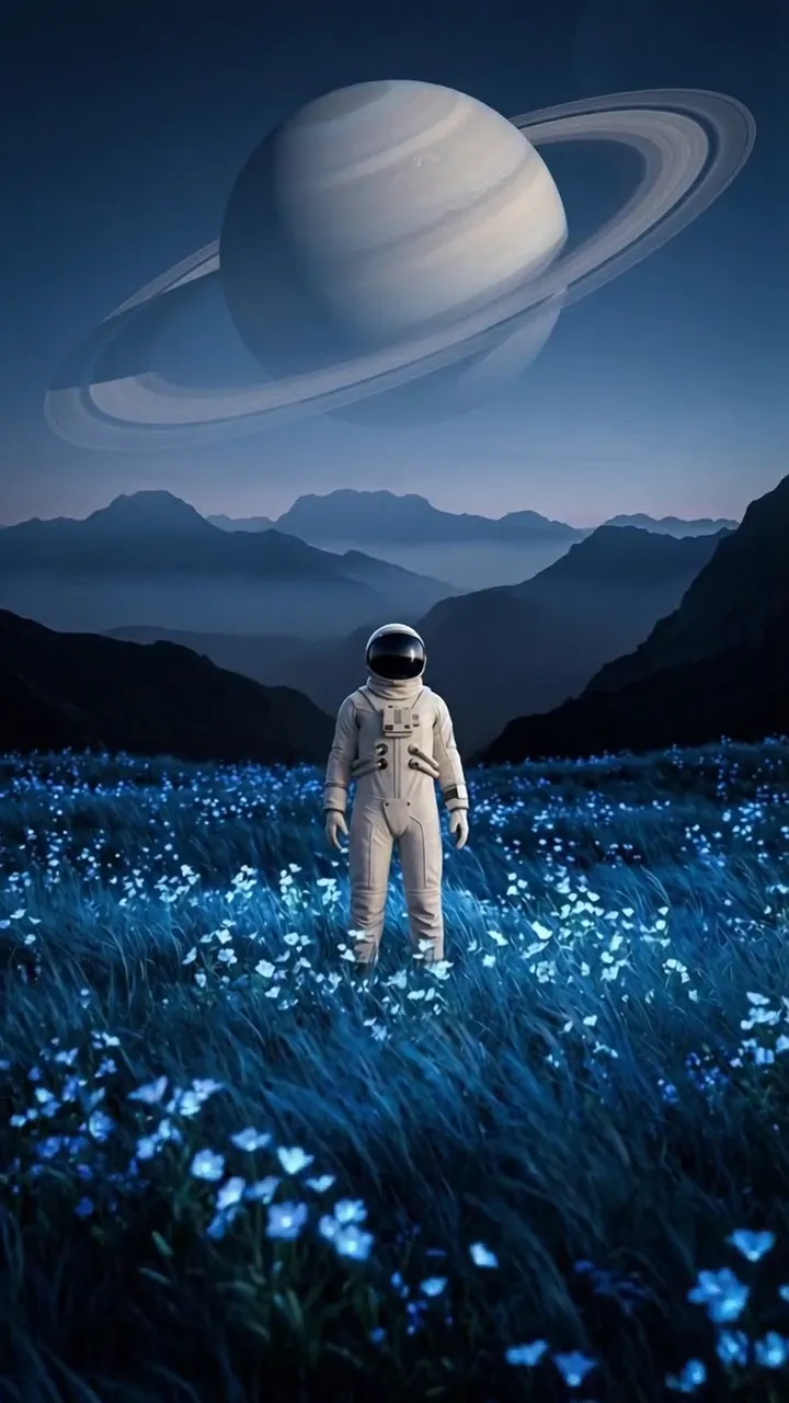 Image-to-video result: an astronaut stands in a blue flower meadow with a ringed planet in the sky