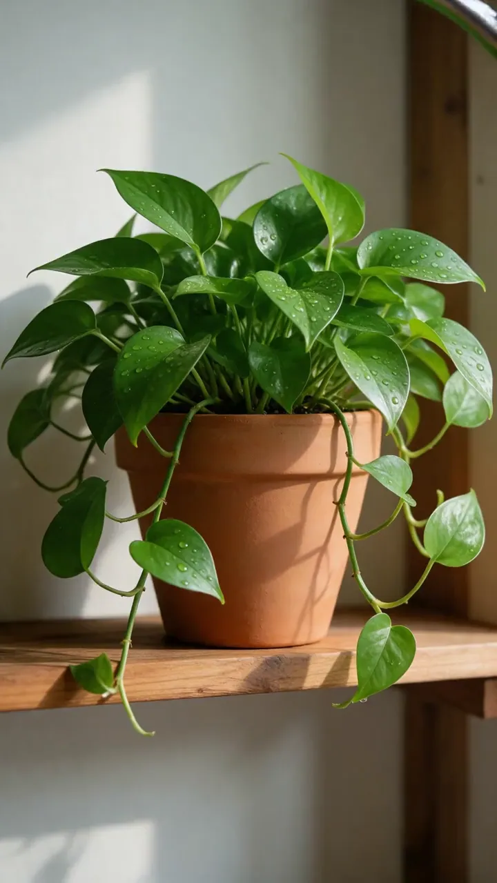 B-roll: water trickles into a potted pothos on a sunny shelf and droplets roll off the leaves
