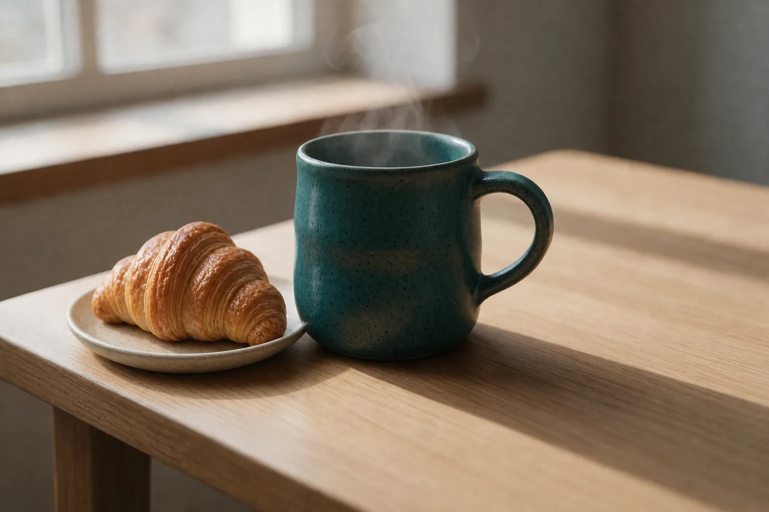 After: the same mug with a deep teal glaze and a croissant plate added