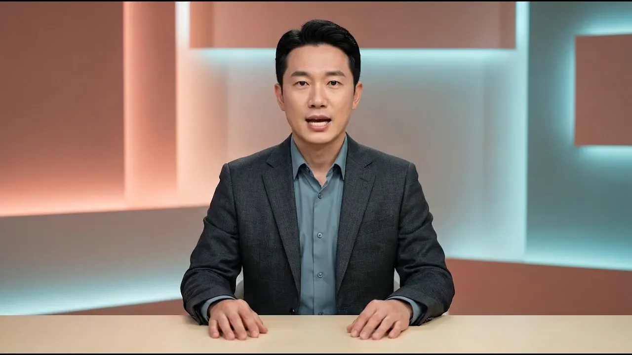 AI news anchor at a studio desk in a pastel newsroom