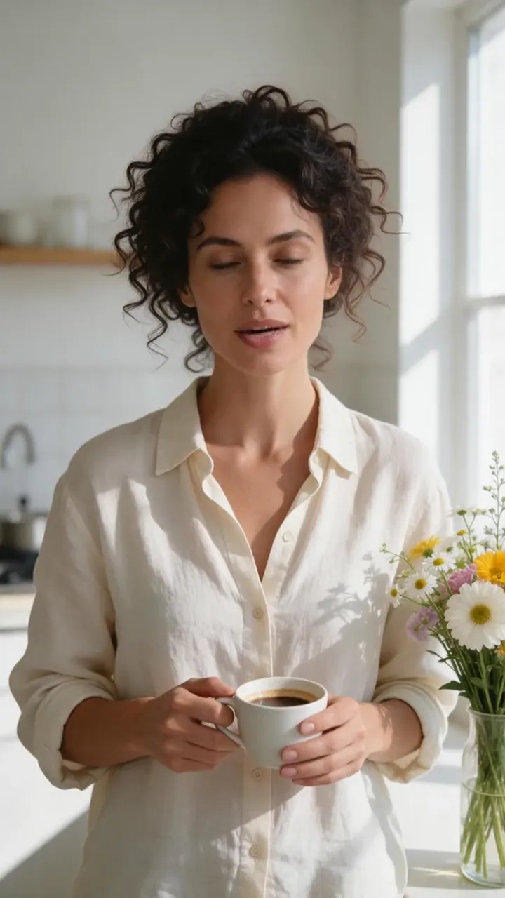 Vertical social clip: a woman with coffee and flowers shares a morning ritual