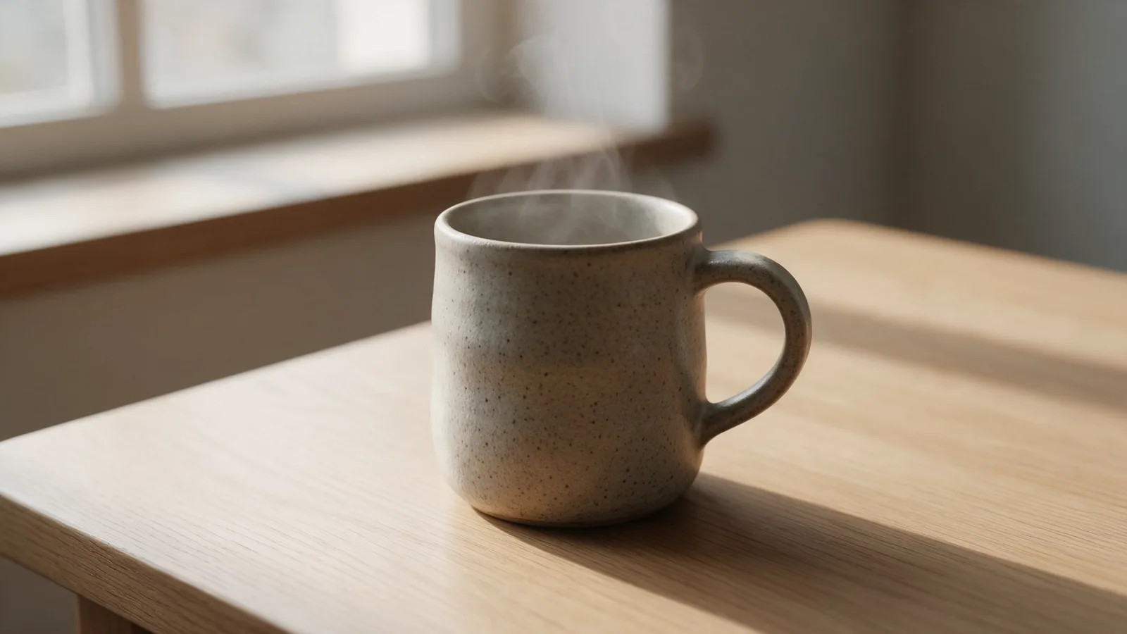 Before: a speckled ceramic mug on an oak table by a window