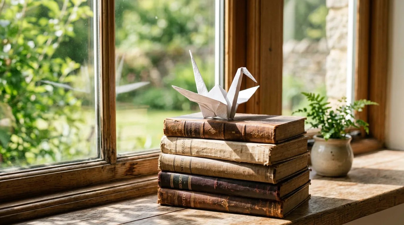 Before: a white origami crane on a stack of old books by a sunny window