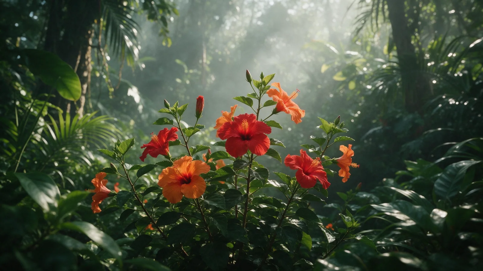 Source still: hibiscus flowers in a misty jungle