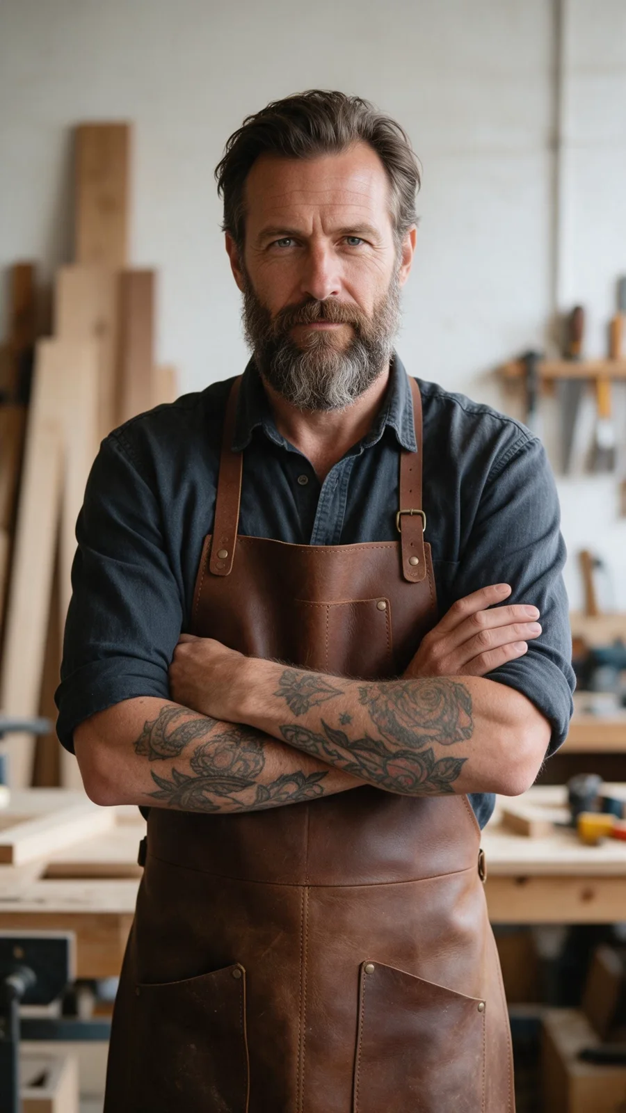 Source portrait: a woodworker in a leather apron