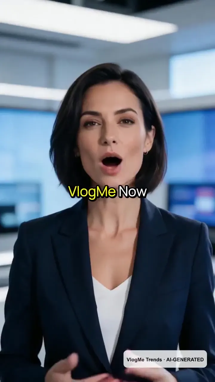 A real news video made with Trends in VlogMe: an AI presenter reports that Seedance 2.5 is live in VlogMe, with subtitles and an AI-generated label