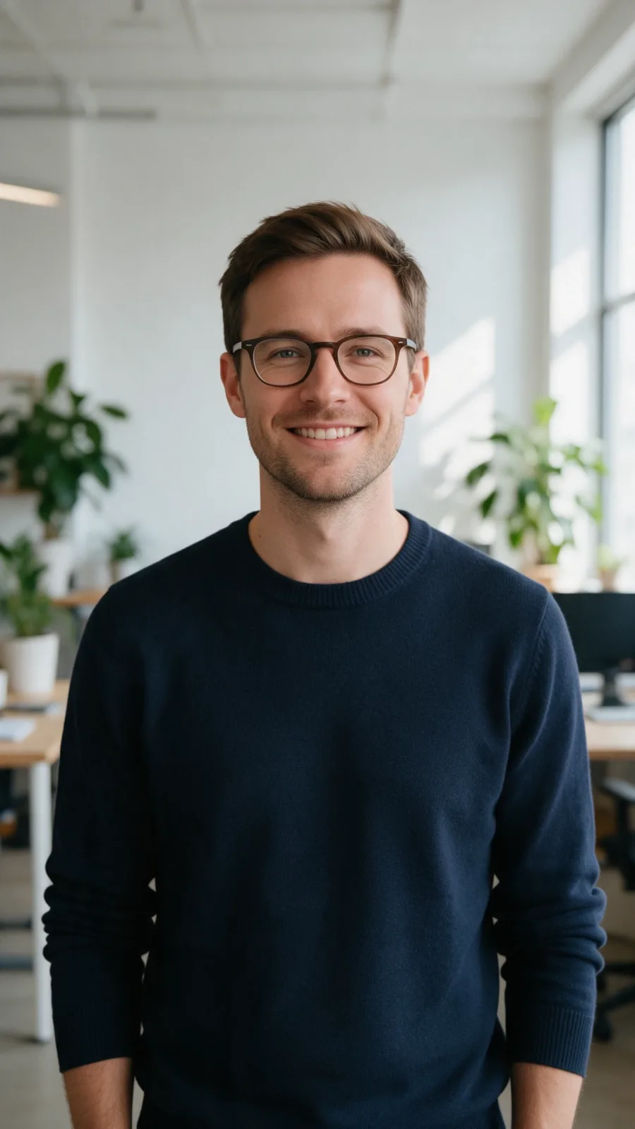 Source portrait: a man in glasses and a navy sweater in a bright open-plan office