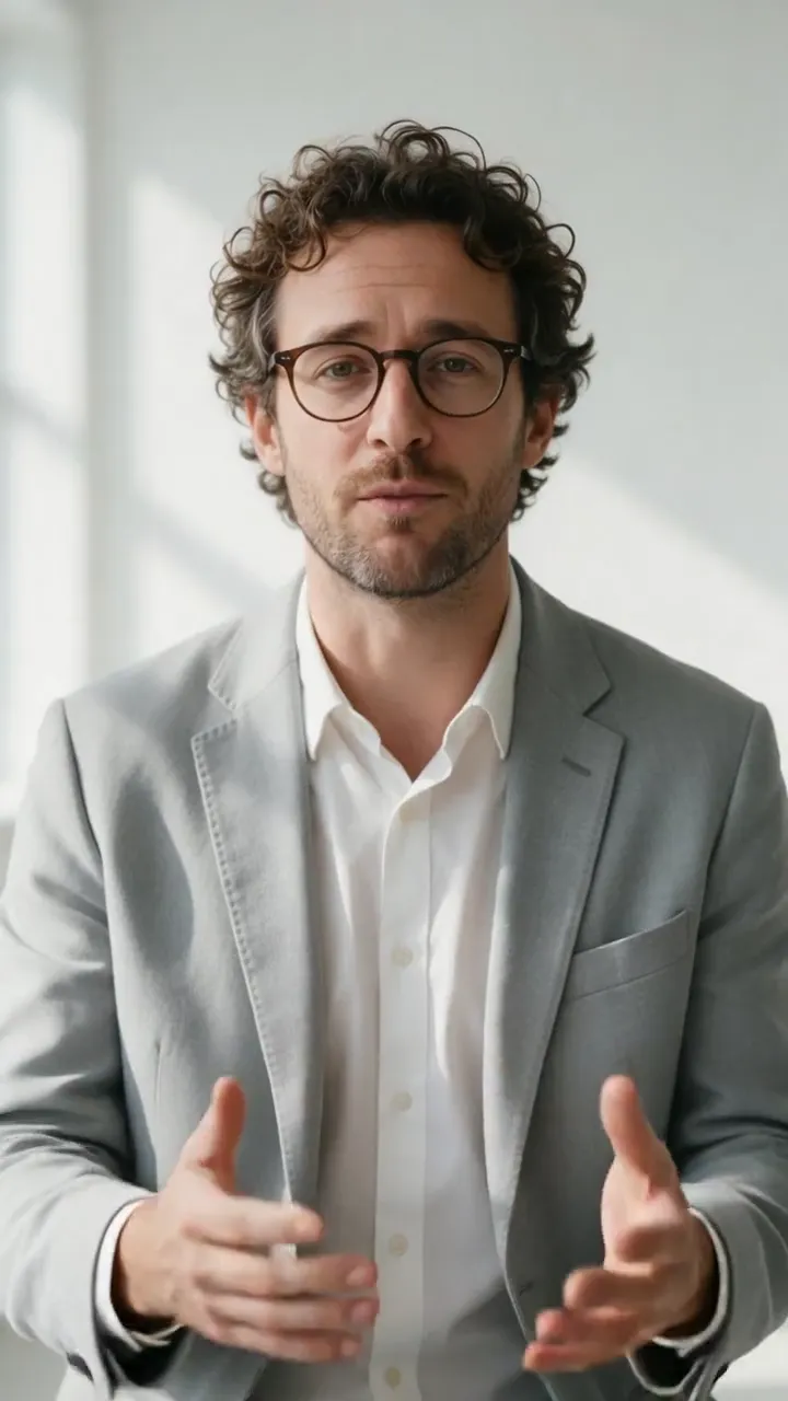 Brand spokesperson in a grey blazer presents a smart water bottle (example product)