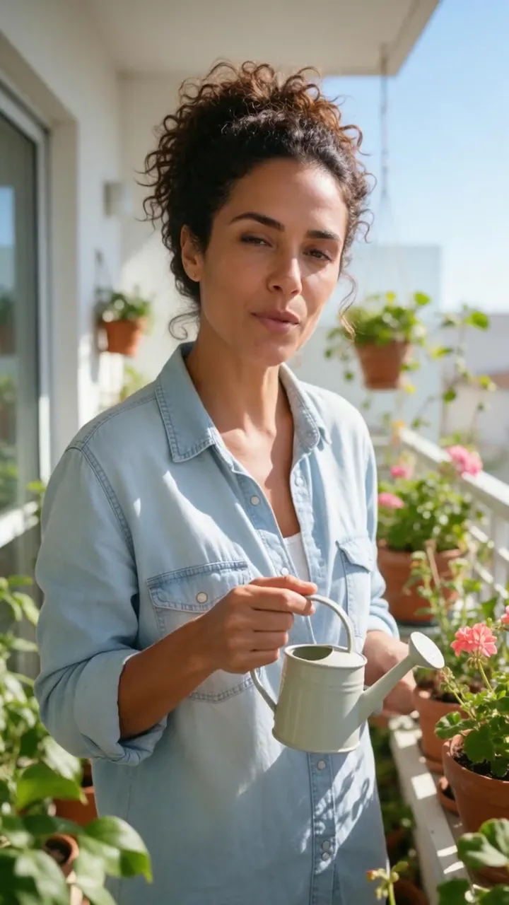 植物でいっぱいのバルコニーで、デニムシャツを着た巻き髪の女性が葉が黄色くなる理由をポルトガル語で説明