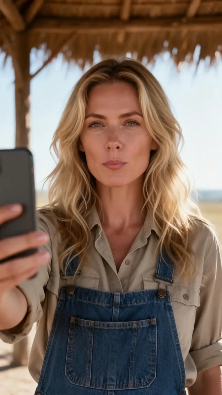 1枚の自撮りが話す動画に：デニムのオーバーオールの女性がフォロワーにあいさつ