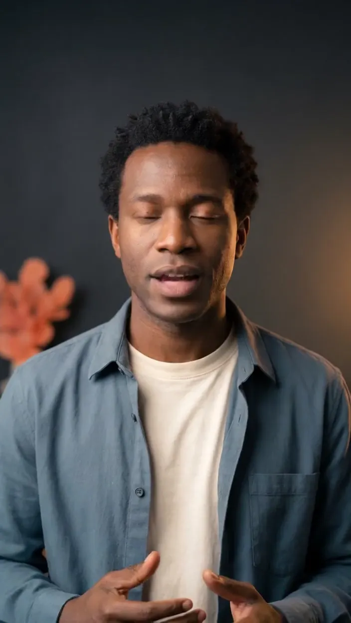 Talking presenter: a man in a denim shirt explains a topic to camera