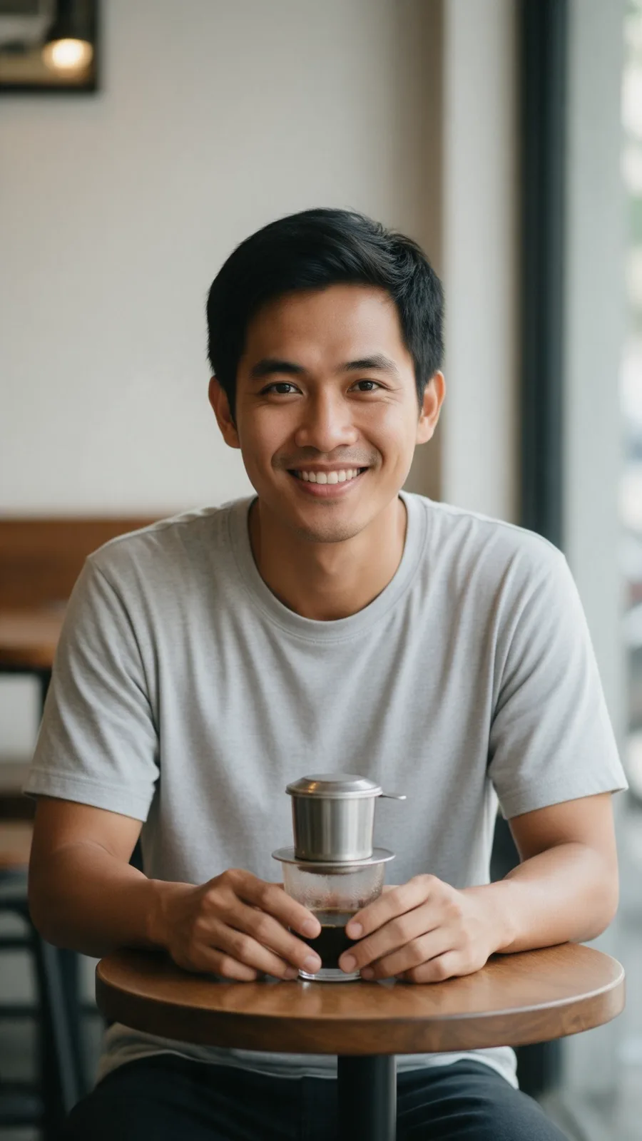 元の肖像:金属製のコーヒーフィルターを置いたカフェのテーブルに座る、グレーのTシャツの若い男性