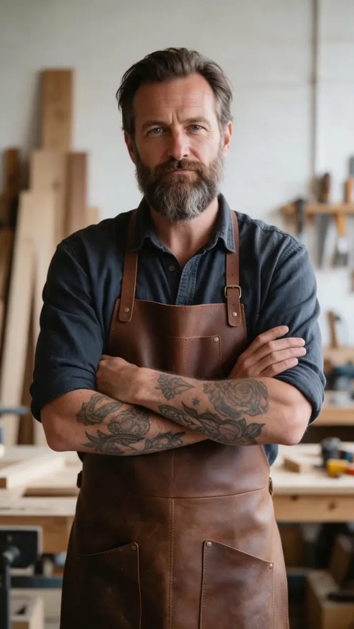 A woodworker in a leather apron talks about his workshop