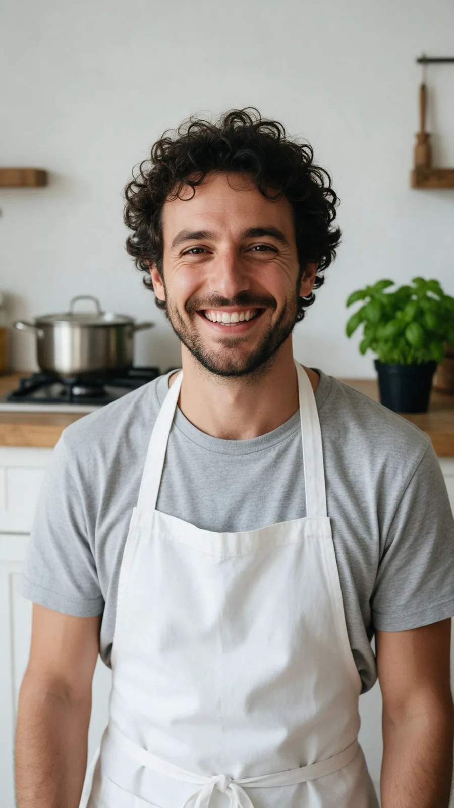 Source portrait: a man with curly dark hair in a white apron in a rustic kitchen with basil