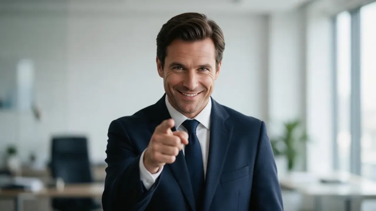 Начало продающего видео: ведущий в тёмно-синем костюме указывает на зрителя