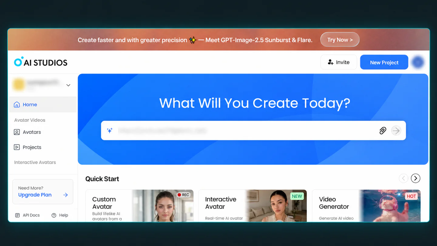AI Studios dashboard with account details blurred