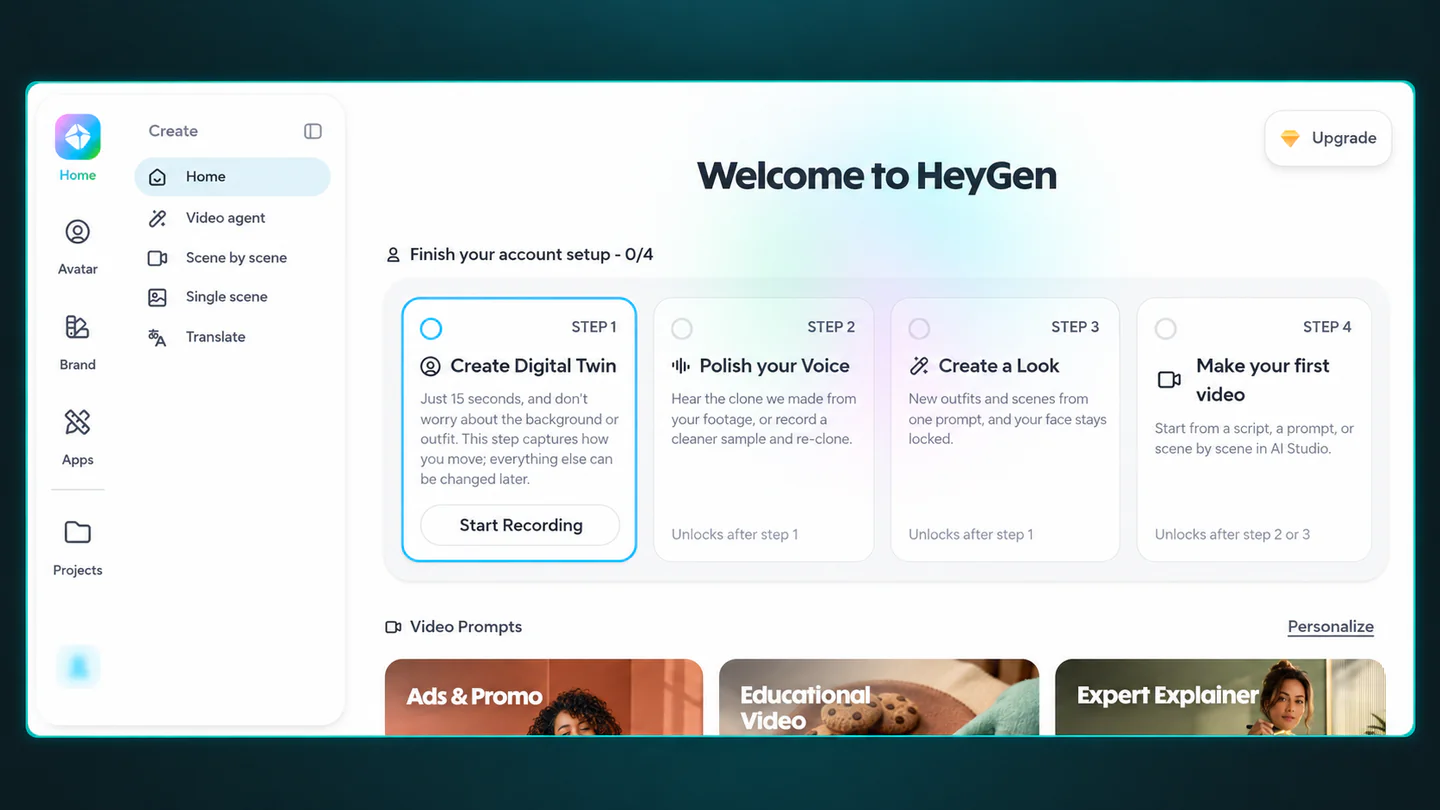 HeyGen dashboard with account setup and video creation tools