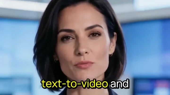 Detail of a vertical frame from a News Videos render: the AI presenter with burned-in captions, the spoken word highlighted in yellow.