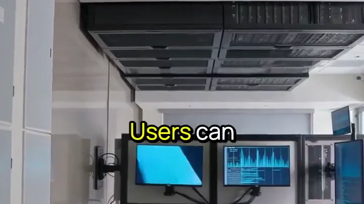 Detail of a vertical frame from a News Videos render: an AI-generated cutaway of a server room with monitors, with the burned-in caption “Users can”.